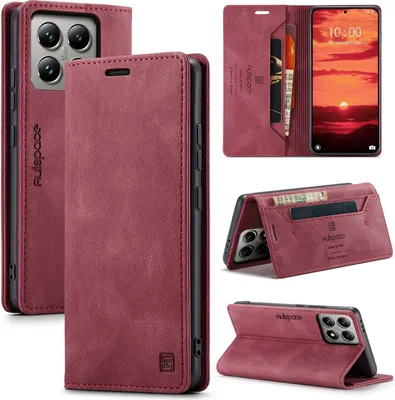 Produktbild von Xiaomi 14T Hülle, Retro Kunstledertasche Stand Schutzhülle für Xiaomi 14T Rot
