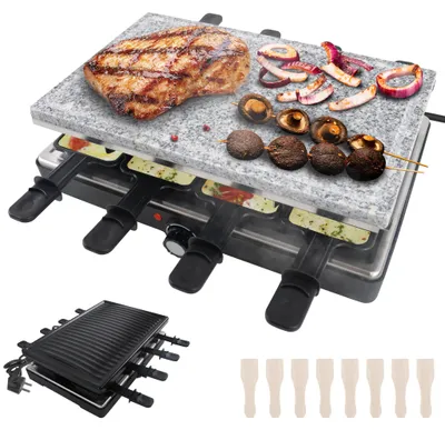 Obrázek produktu pro LARS360 Raclette gril s přírodním grilovacím kamenem a roštem pro 8 osob Plynulá regulace teploty 1400 W s 8 pánvičkami a dřevěnou špachtlí