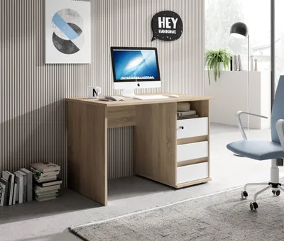 Produktbild von Schreibtisch >Flinn< in Weiß-Eiche Sonoma hell - 110x75x65 (BxHxT)