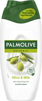 A bottle of Palmolive Naturals Olive & Milk Shower Cream against a white background.
