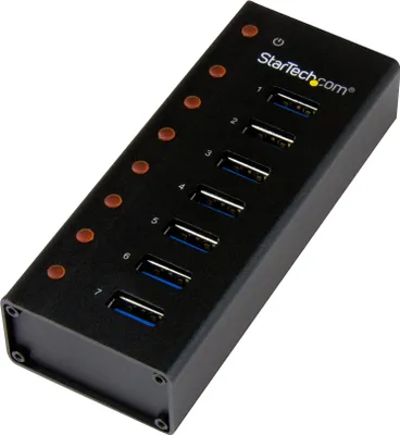 Produktbild von StarTech.com 7 Port USB 3.0 Hub - 5Gbps - Metallgehäuse - Desktop oder Wandmontierbar, USB 3.2 Gen 1 (3.1 Gen 1) Type-B, USB 3.2 Gen 1 (3.1 Gen 1) Type-A, 5000 Mbit/s, Schwarz, Aluminium, Leistung