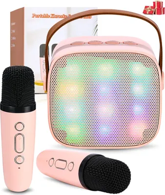 Produktbild von Karaoke-Maschine mit 2 kabellosen Mikrofonen, tragbare Bluetooth-Karaoke-Maschine mit Voice-Changer-Effekten, LED-Lichtern, Home-Party, Pink