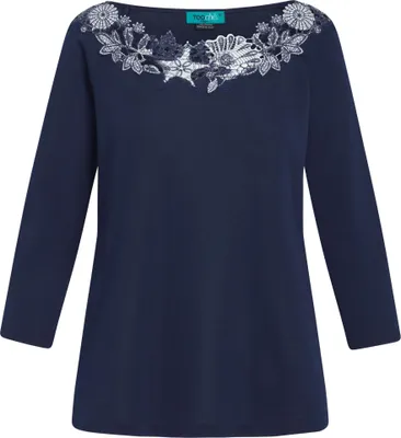 Produktbild von Klassisch-elegante dunkelblaue Bluse Marina aus 100 % Baumwolle mit Spitzendetails
