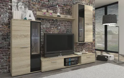 Produktbild von Wohnwand SALSA Schrankwand TV-Schrank Wandregal 2xVitrine Wohnkombi Wohnzimmer Anbauwand Sonoma