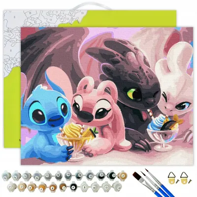 Produktbild von Oh Art! Malen nach Zahlen Kinder & Erwachsene – Stitch & Angel & Ohnezahn & Tagschatten – Komplettset mit Acrylfarben, Pinseln & Rahmen – 40x50 cm