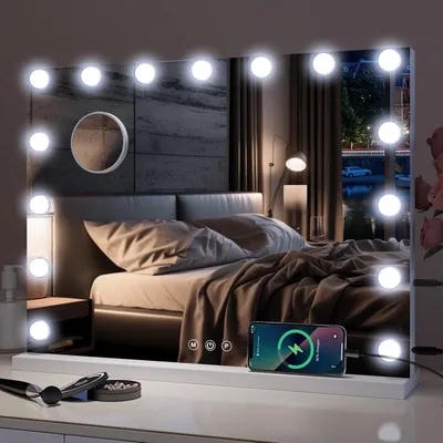 Produktbild von Puluomis Kosmetikspiegel Hollywood 15 LED 58x45cm 3 Farben Dimmbar Schminkspiegel mit Beleuchtung, USB,10x Vergrößen, Spiegel Wandspiegel weiß