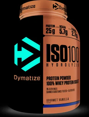 Produktbild von Dymatize ISO 100, Pulver, Hydrolisiertes Molkenprotein, Molkenprotein isoliert, Vanille, L-Alanin, L-Arginin, L-Asparaginsäure, L-Cystein, L-Glutaminsäure, L-Glycin, L-Histidin,..., Hydrolized whey protein isolate (milk) (50%), whey protein isolate (milk) (46%), emulsifiers..., 25 g