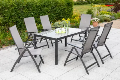 Produktbild von Merxx Gartenmöbelset "Vicenza" 7tlg. mit Tisch 150 x 90 cm - Aluminiumgestell Graphit mit Textilbespannung Diamantbraun