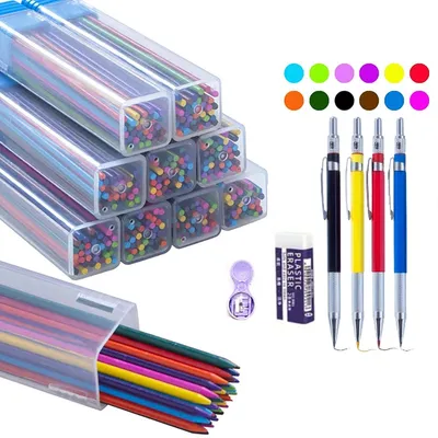 Obrázek produktu pro Sada kovových mechanických tužek, 2,0 mm, HB, se 4 barevnými tužkami, s temperem a mazací gumou