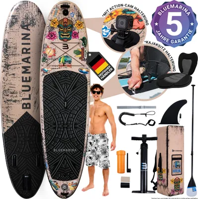 Produktbild von Bluemarina SUP Board Tiki | Stand Up Paddle - Aufblasbar mit Pumpe - Rucksack - 3 Finnen-System - Drop Stitch - Bis 140 Kg (325x86x15cm / 10'8")