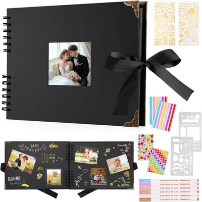 Immagine prodotto di Album fotografico personalizzabile, colore nero, formato 29,5 x 21 cm, con 80 pagine e 6 pennarelli metallici