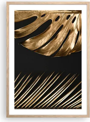 Produktbild von Gerahmtes Poster - Rahmen in heller Eiche - Golden Blatt Monstera - 50x70 cm - Wand Bild - Wanddeko - Wandbilder - Kunstposter - Wandposter - Bilderrahmen - Bilder - Kunstdruck - P2NPA50x70-5028