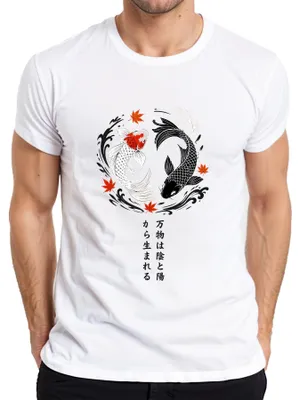 Productafbeelding van Koi karper, Yin Yang, Japans, Zen, Japan, Y2K, Aziatisch, Harmonie, Heren T-shirt, Wit, Maat M