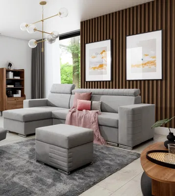 Produktbild von Ecksofa Schlafsofa inkl. Hocker CANTON Stoff Camelia Hellgrau Ottomane Links
