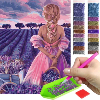 Produktbild von ARTULIO - Diamond Painting Set - Frau im Lavendelfeld bei Sonnenuntergang - 40 × 30 cm - Crystal Art, Bilder DIY, Home Wand Deko