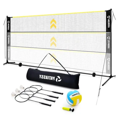 Produktbild von 17 Fuß Volleyballnetz mit Stangen, Badminton-Netzset mit 4 Badmintonschlägern, 3 Gänsefederbällen und 1 Volleyball für den Außenbereich, höhenverstellbar