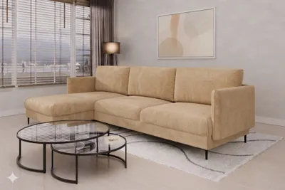 Productafbeelding van Designbank HELMER MAX, stoffering Vibe, beige, met chaise longue aan de linkerkant