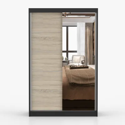 Produktbild von Kleiderschrank Schiebetürenschrank Schrank Schwebetürenschrank 120cm Schwarz/Sonoma Eiche mit Spiegel Neomi 05