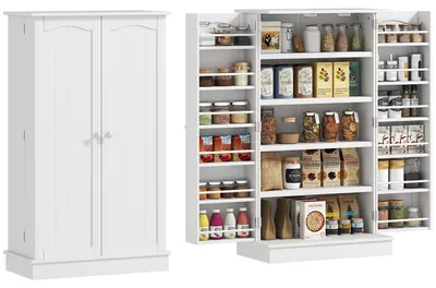 Image de Armoire meuble de cuisine garde-manger 2 portes avec 5 šŠtagššres et 12 porte-šŠpices - 60 x 30 x 104 cm - blanc
