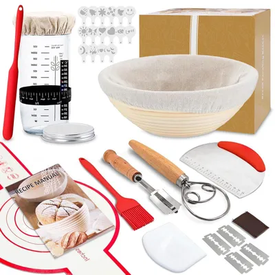Gärkörbchen-Set 25-tlg. mit Sauerteigstarter, Rattan, 23 cm