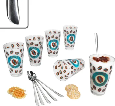 Produktbild von 12tlg Set Cremona Latte Macchiato Gläser blau + Twist Löffel L19cm 6 Personen