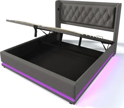 Produktbild von Flieks Polsterbett 180x200cm mit USB & Typ-C, Doppelbett Jugendbett mit LED, Hydraulisches Stauraumbett Boxspringbett mit Lattenrost, Baumwolle, Grau