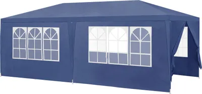 A dark blue party tent with windows, shown from the side against a white background.