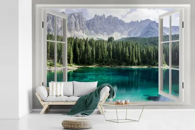 Produktbild von MuchoWow® Fototapete für Wohnzimmer oder Schlafzimmer Wandtapete Vinyl Motivtapete Aussicht - Bäume - Wasser - 450x300 cm - Gemusterte