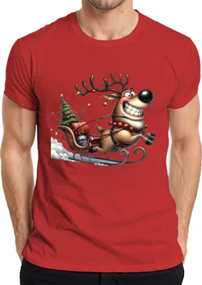 Zdjęcie produktu dla Śmieszny renifer w saniach Prezent świąteczny Retro Koszulka męska, Czerwony, 3XL
