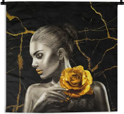 Produktbild von MuchoWow® Wandteppich Wandbehang Frauen - Rosen - Gold - Marmor 60x60 cm Tapisserie Dekoration Wandtuch - Dekorationen - Wand Decke