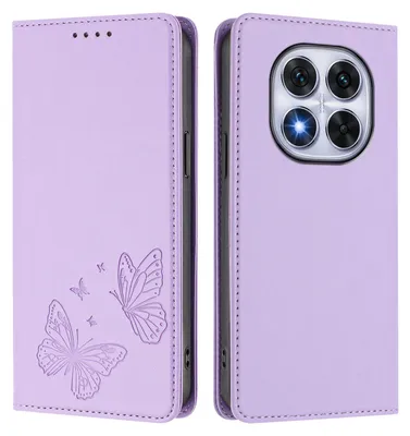 Obrázek produktu pro Kožené pouzdro pro Xiaomi Poco X7/Redmi Note 14 Pro 5G/14 Pro+ 5G, motýlí ražbou, peněženkové flip pouzdro se stojánkem Světle fialová