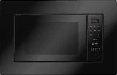 A built-in black microwave with a digital display and control panel.