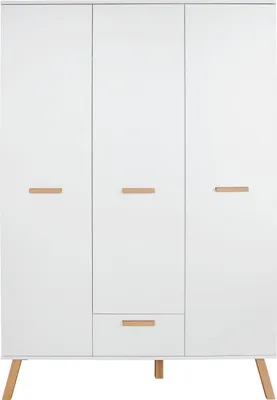 Produktbild von Trendteam Kleiderschrank Mats, Babyzimmer, Weiß, Melamin, 3 Türen, honigfarbene Griffe, platzsparend, 190 x 130 x 60 cm