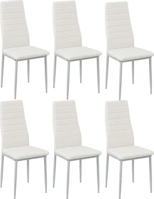 A set of six white dining chairs arranged in two rows of three against a white background.