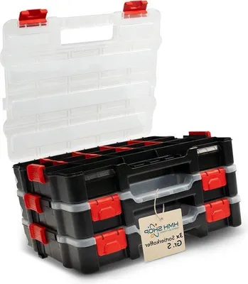 Zdjęcie produktu dla Zestaw skrzynek narzędziowych z pojemnikiem do sortowania – z możliwością łączenia – 33 x 27 x 6 cm – szuflady z przegrodami