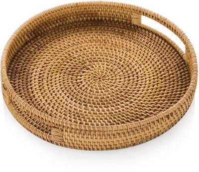 Zdjęcie produktu dla Ibenzoa® Ręcznie tkana taca z rattanu z uchwytami – taca serwująca wykonana w 100% z naturalnego rattanu i drewna, o wymiarach 35 x 6 cm, idealna do serwowania i dekoracji