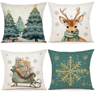 Image de Omgoods - Ensemble de 4 taies d'oreiller de Noël, 60x60 cm, en lin décoratif
