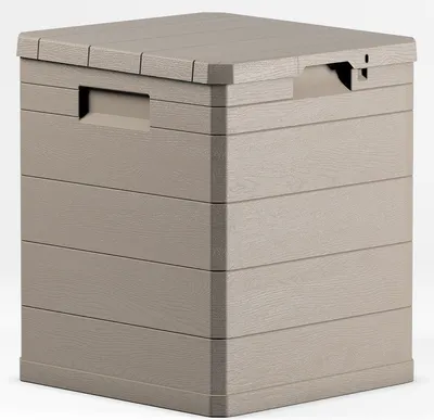 A tan plastic storage box with a wood-grain texture, shown from a front-side angle against a white background.