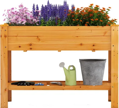 Produktbild von GOPLUS Hochbeet mit Ablage, Gartenbeet aus Tannenholz, Pflanzkasten mit Abflusslöchern,120,5 x 60,5 x 81,5 cm (mit Ablage,Rötlich-braun)