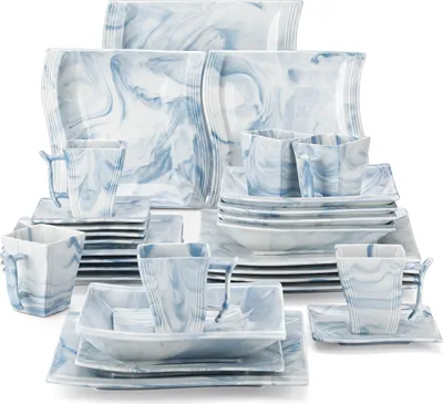 Produktbild von MALACASA, seria Flora, 30-częściowy marmurowy porcelanowy serwis obiadowy w kolorze niebieskim dla 6 osób