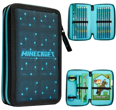 Produktbild von Minecraft Federmäppchen Jungen und Mädchen Mäppchen Gefüllt Creeper Federmappe mit Schrein Gamer Geschenke für Kinder und Teenager (Blau/Schwarz)