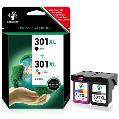 A product box and two ink cartridges are shown against a white background.