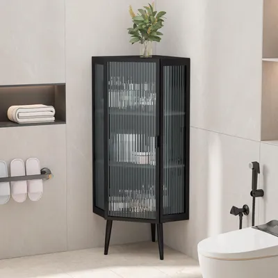 Image de okwish Armoire d’angle pour cuisine avec portes en verre trempé, buffet 3 niveaux avec étagères – noir