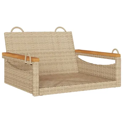 A beige poly rattan hanging chair with wooden armrests, shown from a front-side angle against a white background.