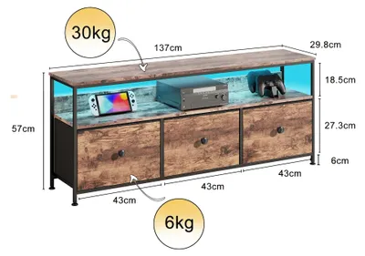 Zdjęcie produktu dla Szafka RTV - Komoda pod telewizor - 3 szuflady - Oświetlenie LED - Do telewizorów do 55 cali - 137 × 29,8 × 57 cm - MDF/Metal - Kolor drewna