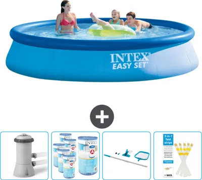 Produktbild von Intex runder aufblasbarer Easy Set-Schwimmpool – 396 x 84 cm – Blau – inklusive Pumpe Filter - Reinigungskit - Teststreifen