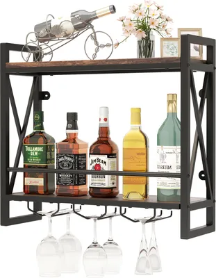 A wall-mounted wine rack with bottles and wine glasses.