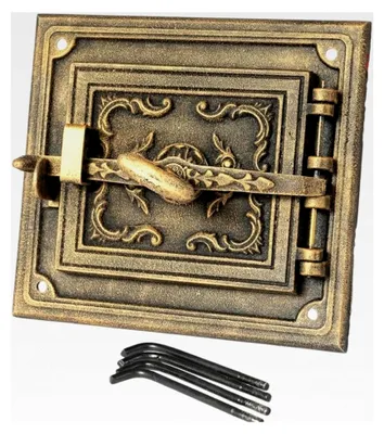Produktbild von Gusseiserne Ofentür mit Türanschlag – Tür für Holzofen, Kamin, Brotbackofen, Grill – 327x300 mm – Rechteckige Ofentür aus Gusseisen (Antikes Gold)
