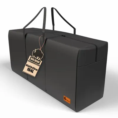 A black storage bag with a tag attached.