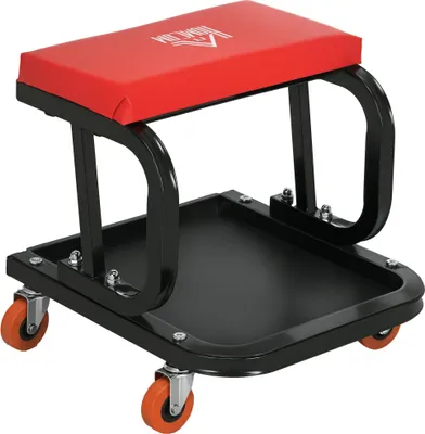 Produktbild von Werkstattstuhl - Rollhocker - Werkzeugablage - Stahlrahmen - Belastbarkeit 100 kg - 38×35×37 cm - Für Garage - Rot